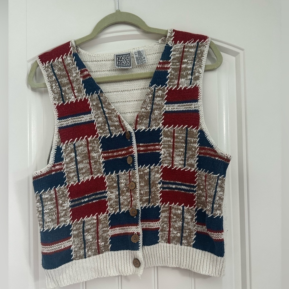 80’s vintage Russ sport checked knit cotton ramie sweater vest petite sm…​​​​